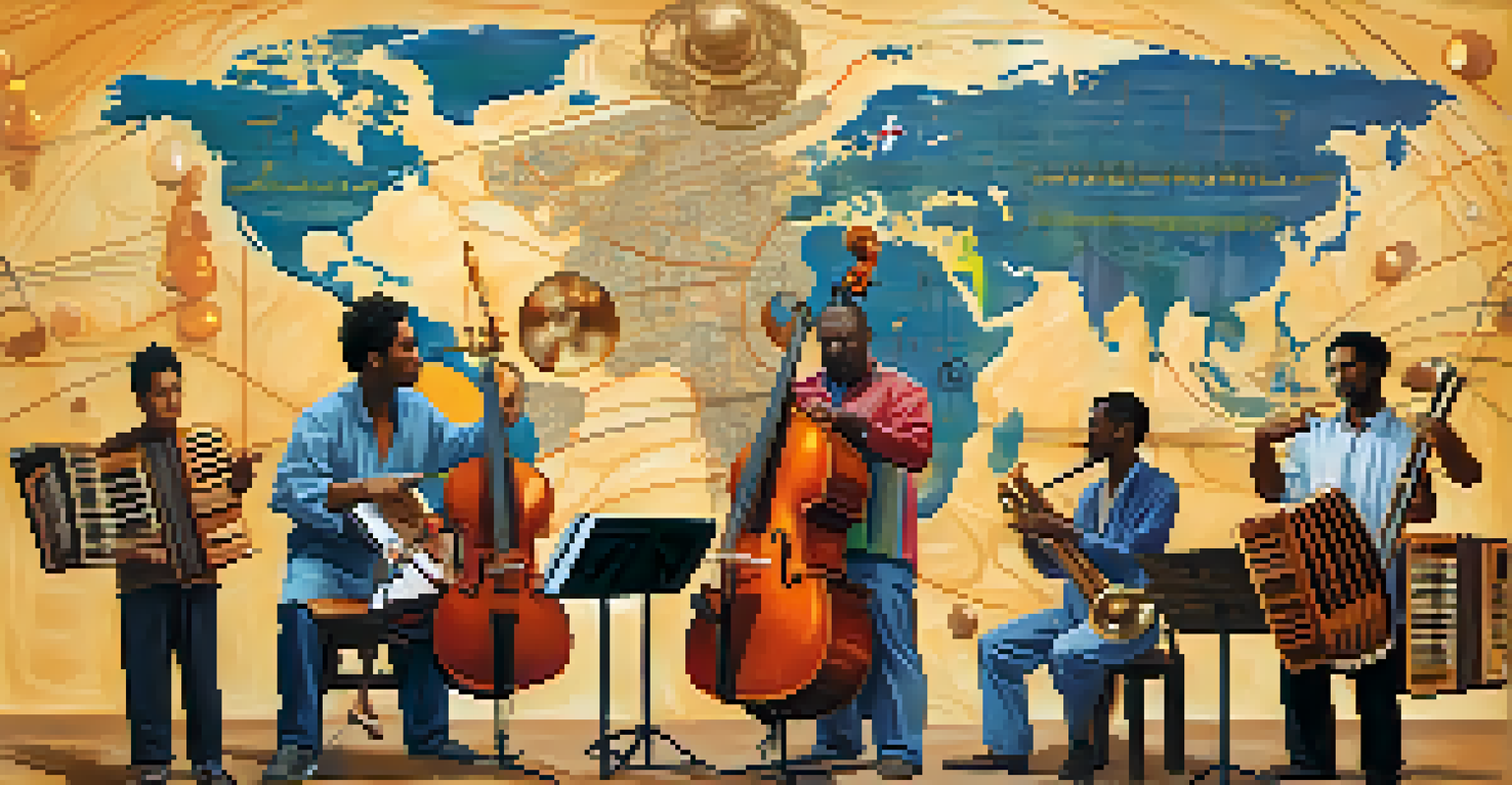 A diverse group of musicians from different cultures collaborating with traditional and modern instruments against a world map background.