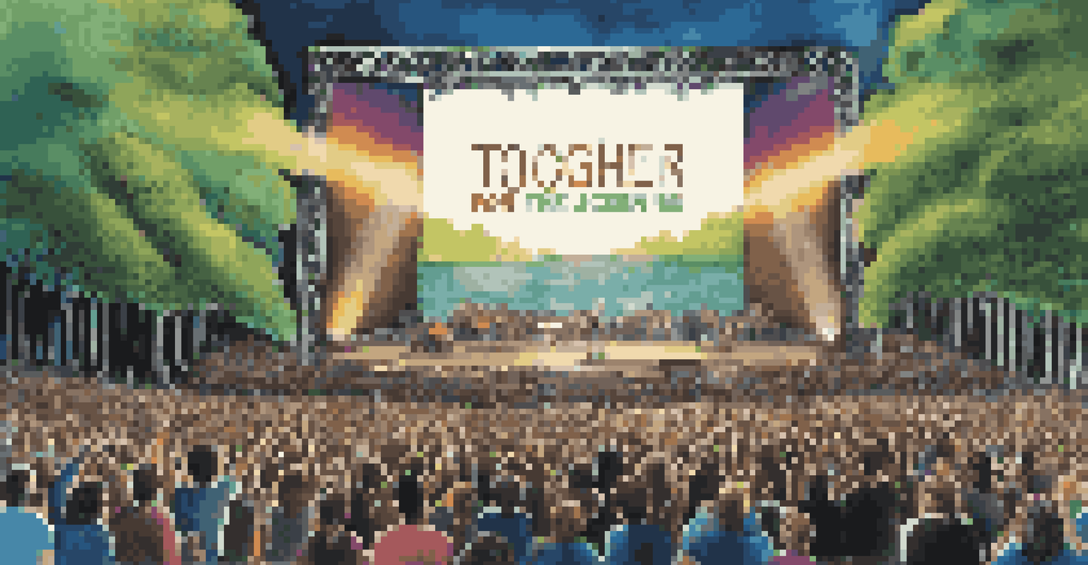 A stage with a microphone and an audience united in support of climate action, with a backdrop of nature and a message for change.