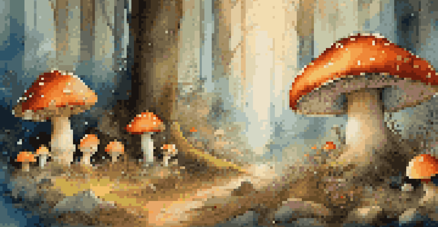 A vibrant forest with oversized mushrooms, fairy lights, and small woodland creatures peeking out, creating a magical atmosphere.