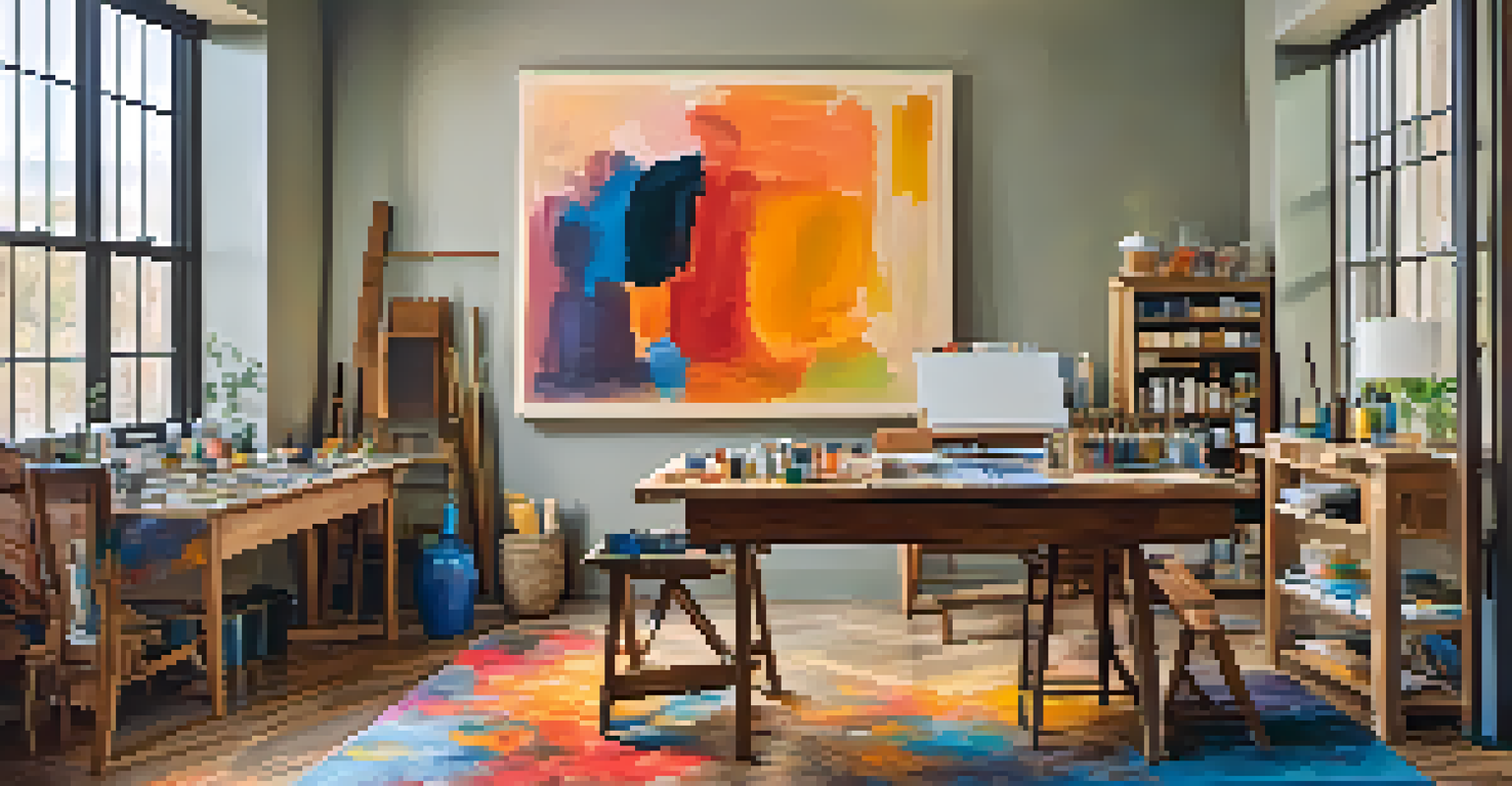 An artist's studio with paints and a canvas of an abstract painting, illuminated by natural light.