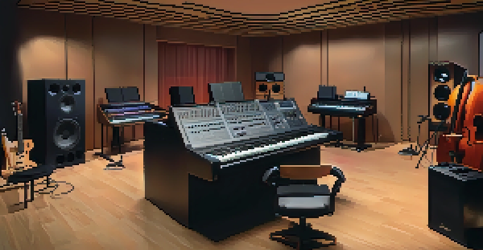 A modern film scoring studio with diverse musicians collaborating on a hybrid score, featuring acoustic instruments and electronic synthesizers under warm lighting.