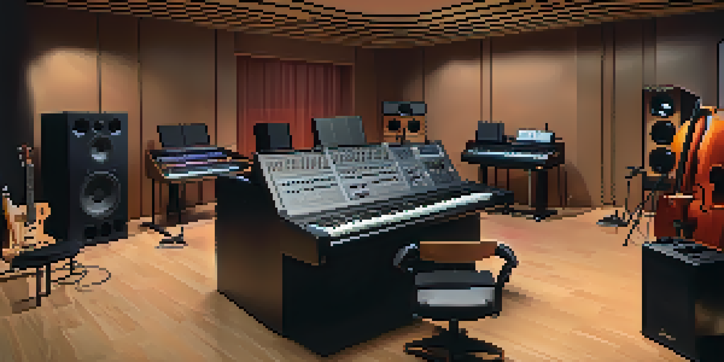 A modern film scoring studio with diverse musicians collaborating on a hybrid score, featuring acoustic instruments and electronic synthesizers under warm lighting.