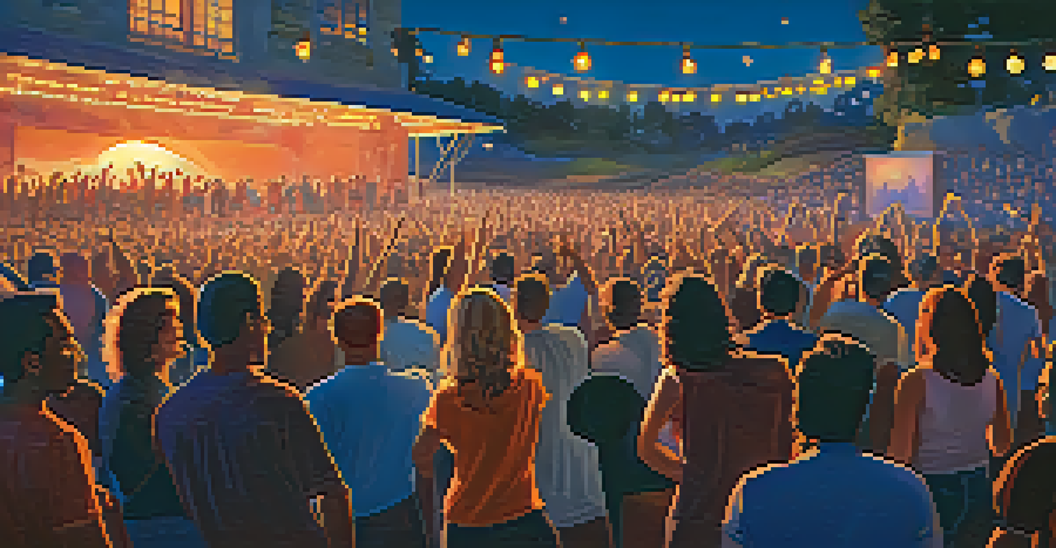 A diverse crowd of friends enjoying a concert at sunset.