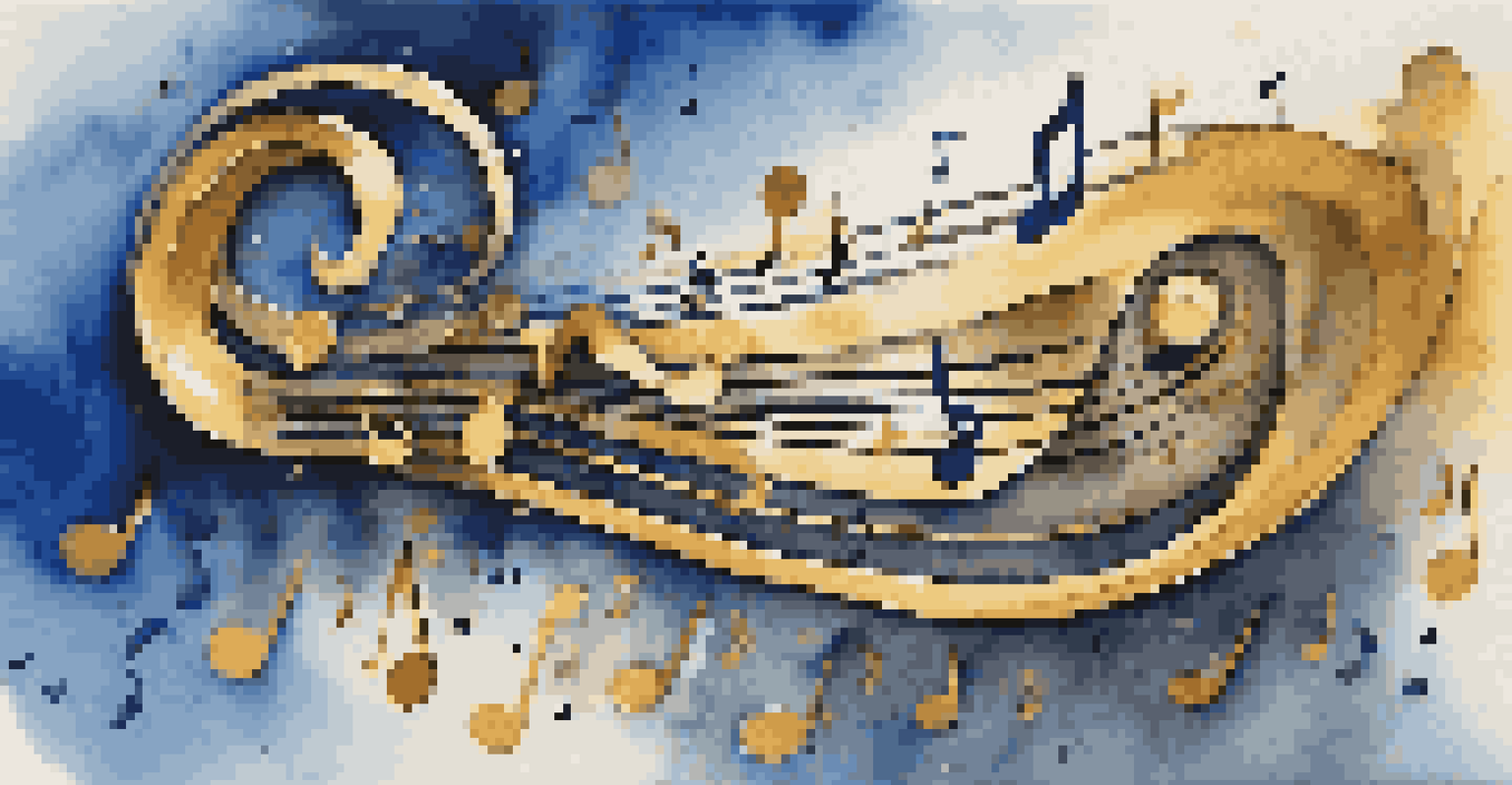 An artistic image of a piccolo surrounded by swirling musical notes on a gradient background.