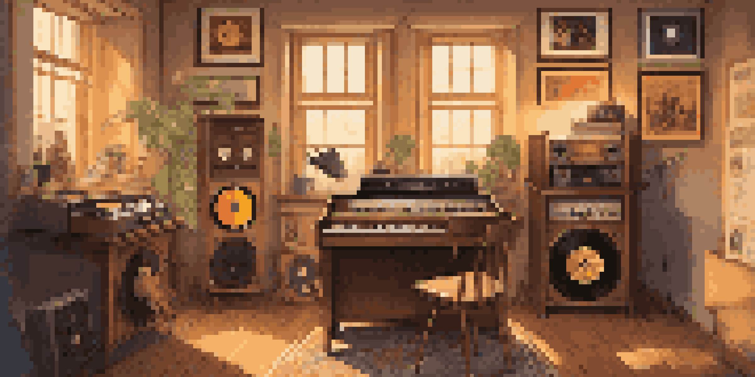 A warm and inviting music studio with vintage vinyl records and colorful posters, bathed in soft golden light.