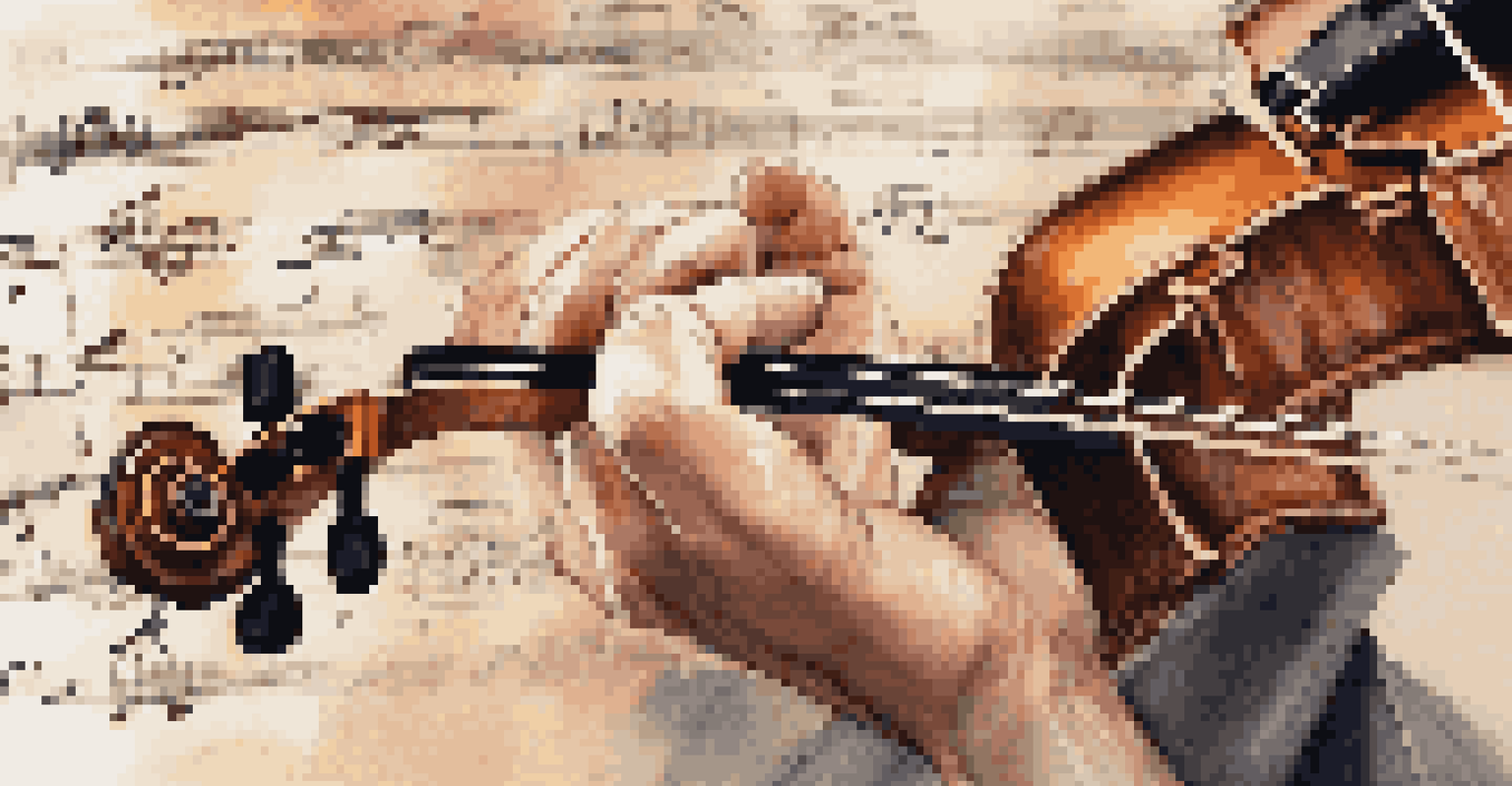 A close-up of a musician's hands playing a violin, with sheet music blurred in the background.