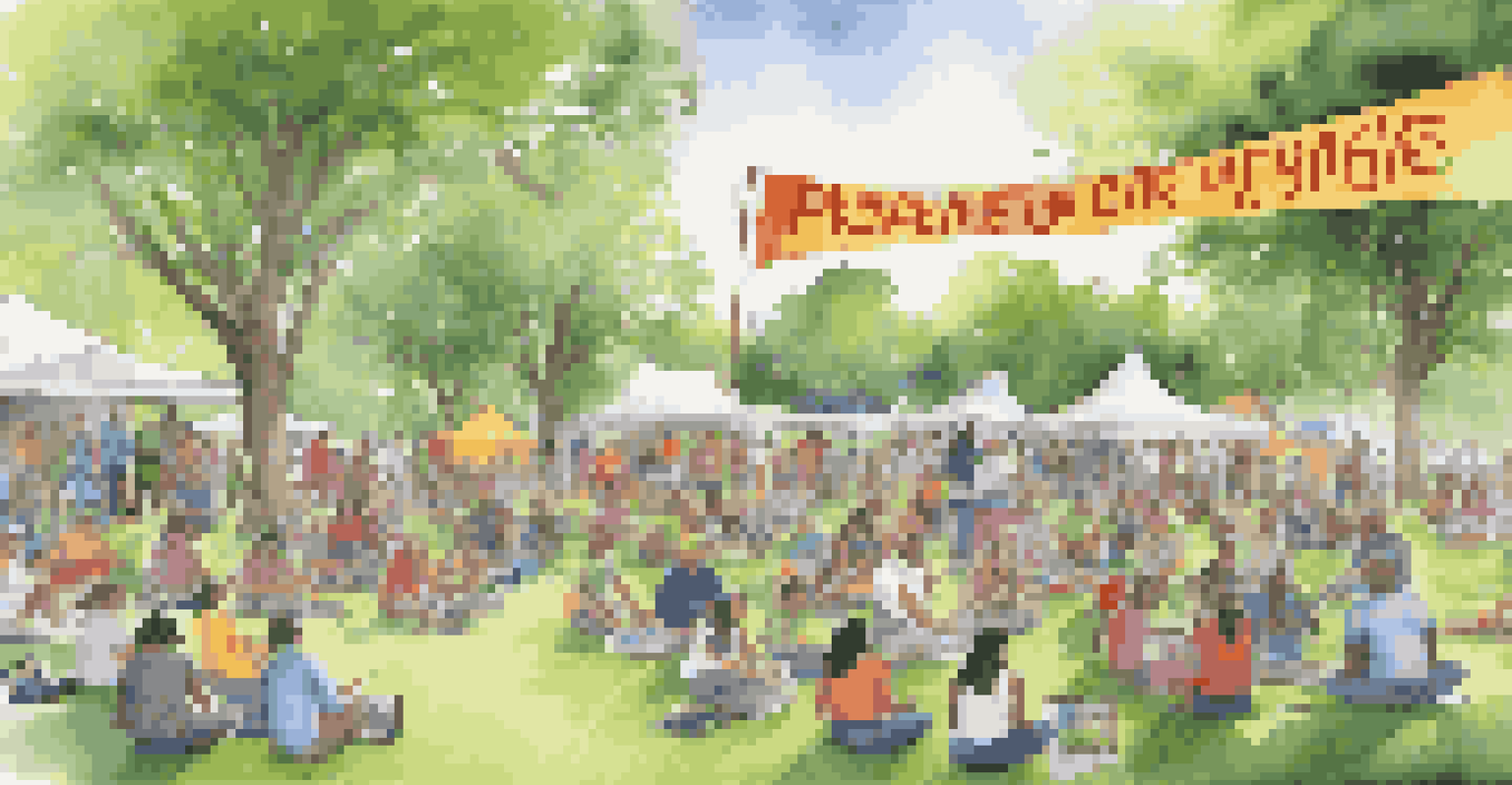 A community workshop in a park with people preserving music and teaching traditional music to children under a colorful banner.