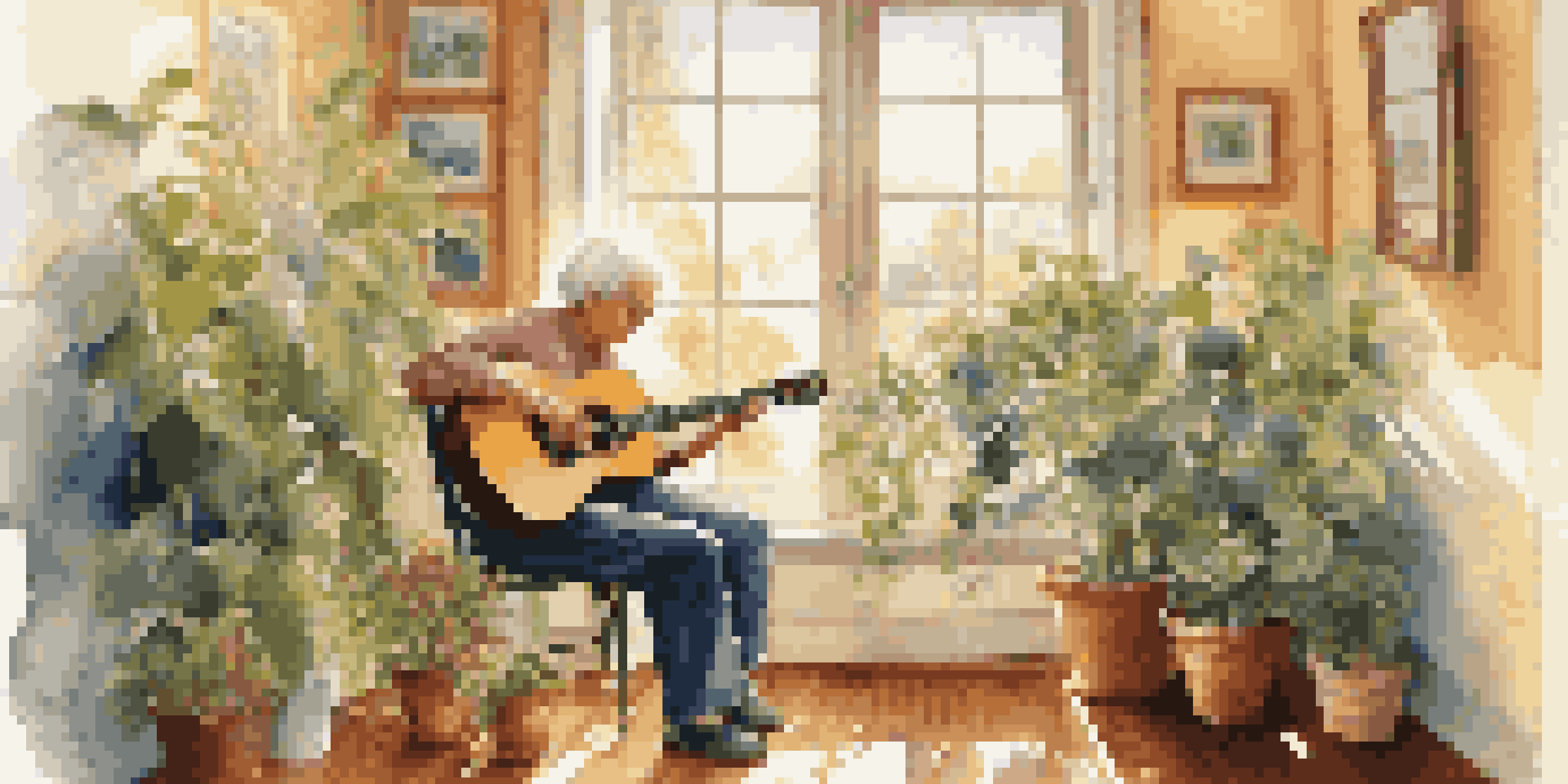 A caregiver plays guitar for an Alzheimer's patient in a sunlit room filled with houseplants, both enjoying the moment.
