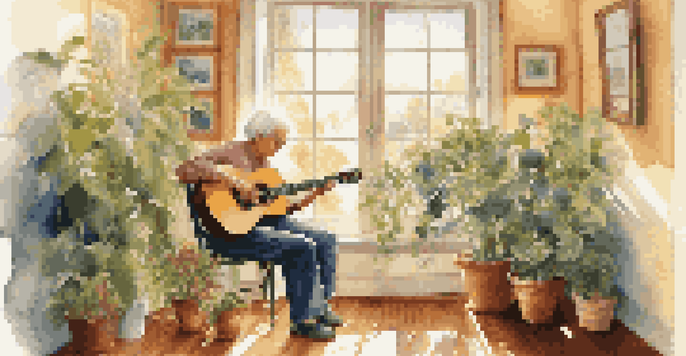 A caregiver plays guitar for an Alzheimer's patient in a sunlit room filled with houseplants, both enjoying the moment.