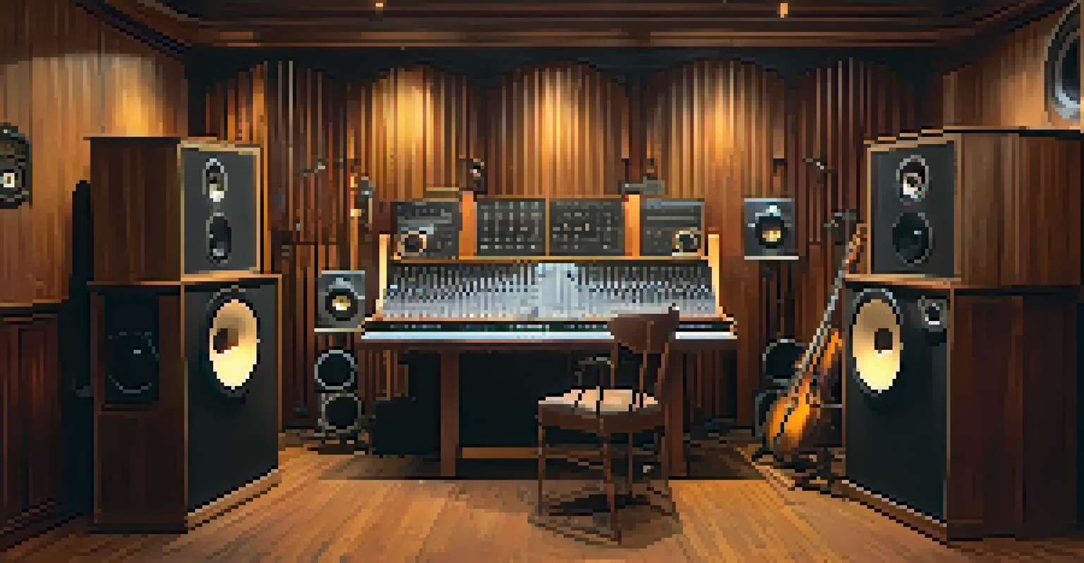 A vintage recording studio with reel-to-reel tape machines and wooden acoustic panels, softly lit.