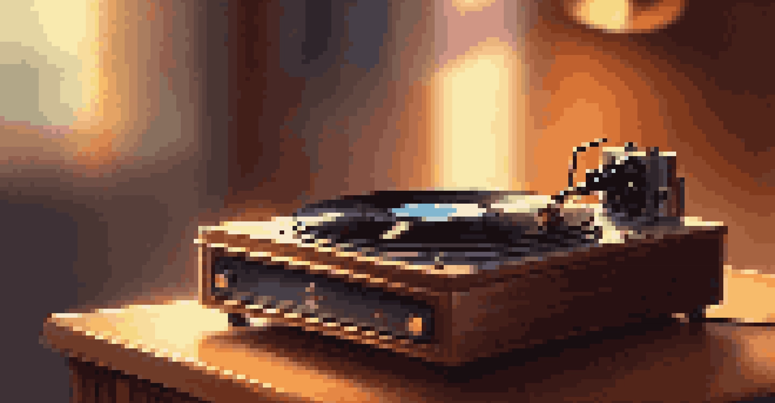A close-up of a vintage record player with a jazz record, warm lighting illuminating a cozy living room background.