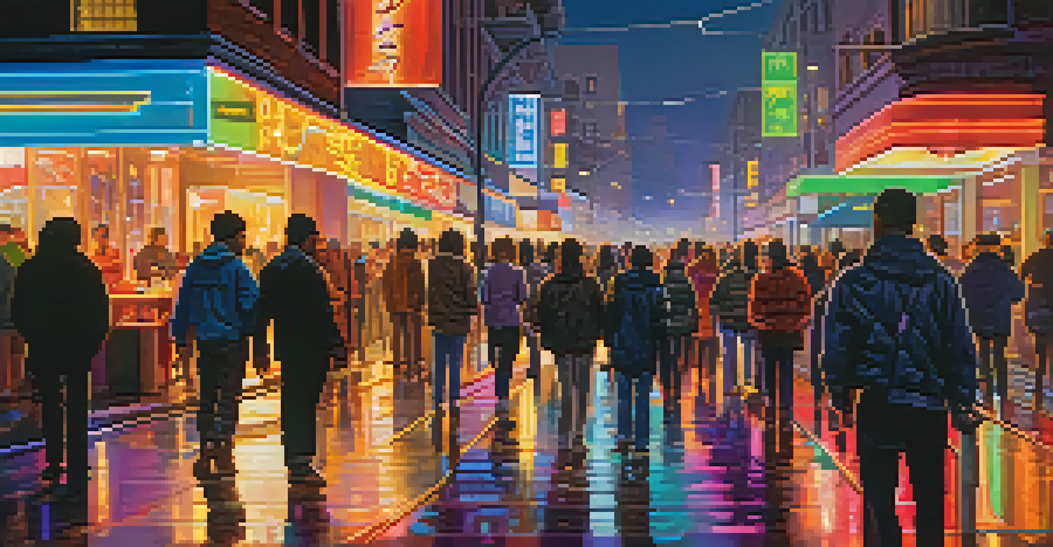 A vibrant city street at night with neon lights and sound waves from a street musician, depicting a lively urban atmosphere.