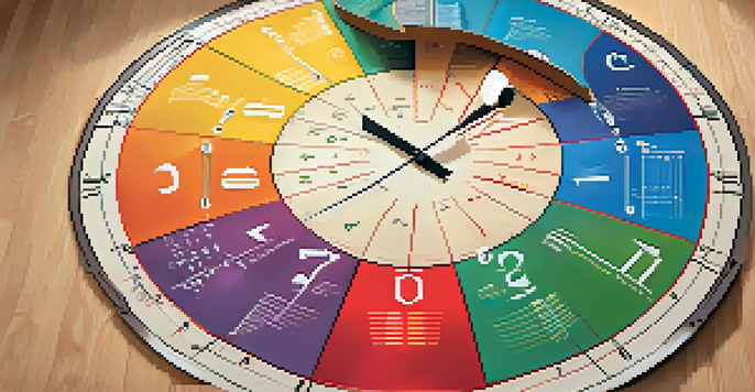 A colorful Circle of Fifths chart on a wooden surface, surrounded by musical notes.