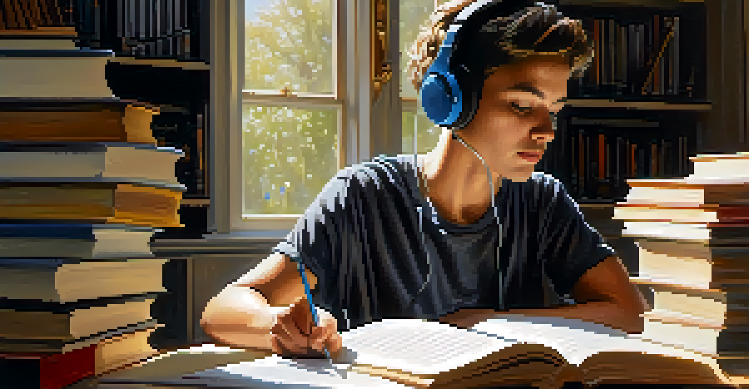 A person studying with headphones, surrounded by books and notes, with a focused expression.