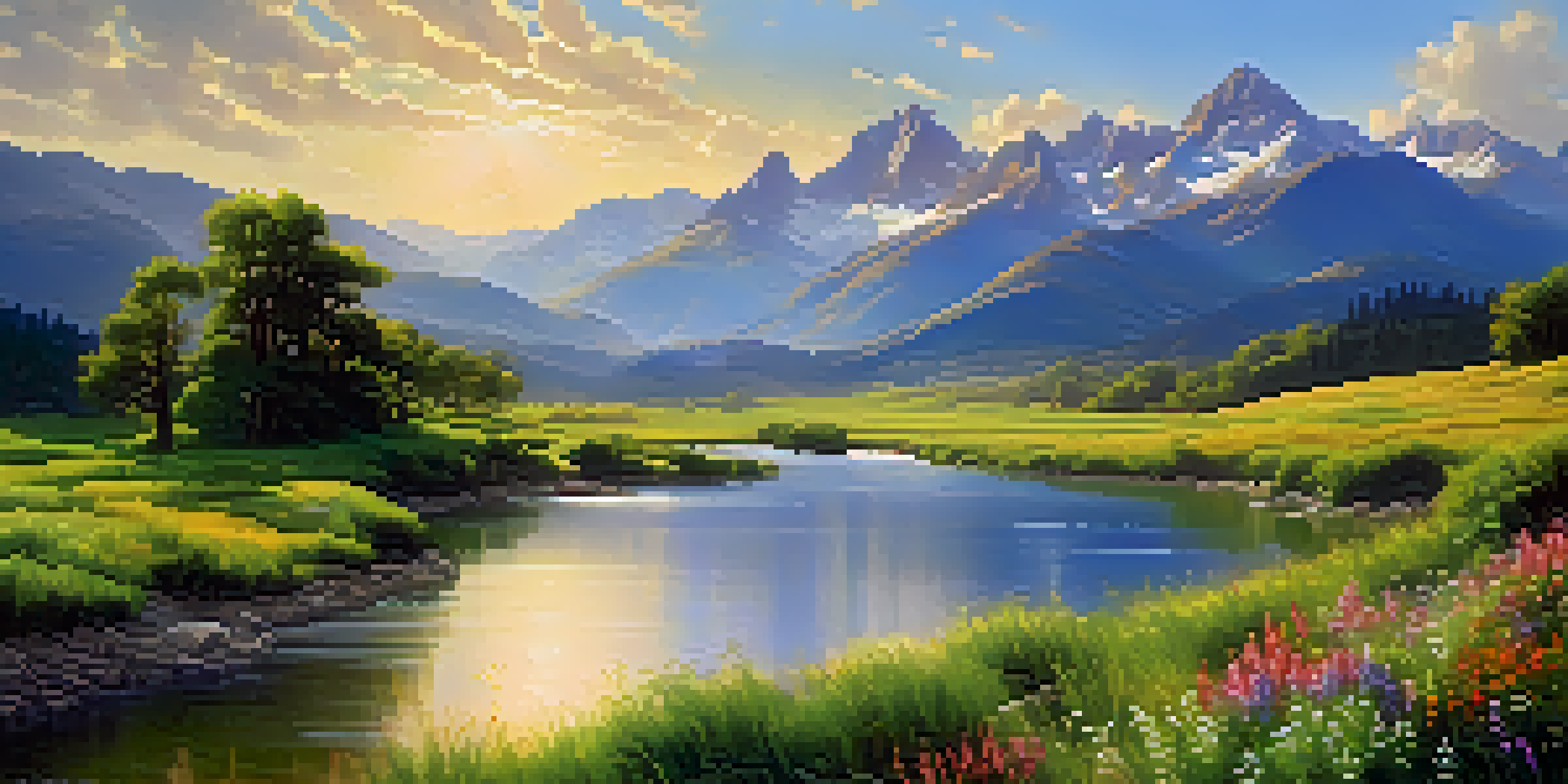 A picturesque valley with a river, mountains, and colorful wildflowers under a clear blue sky.