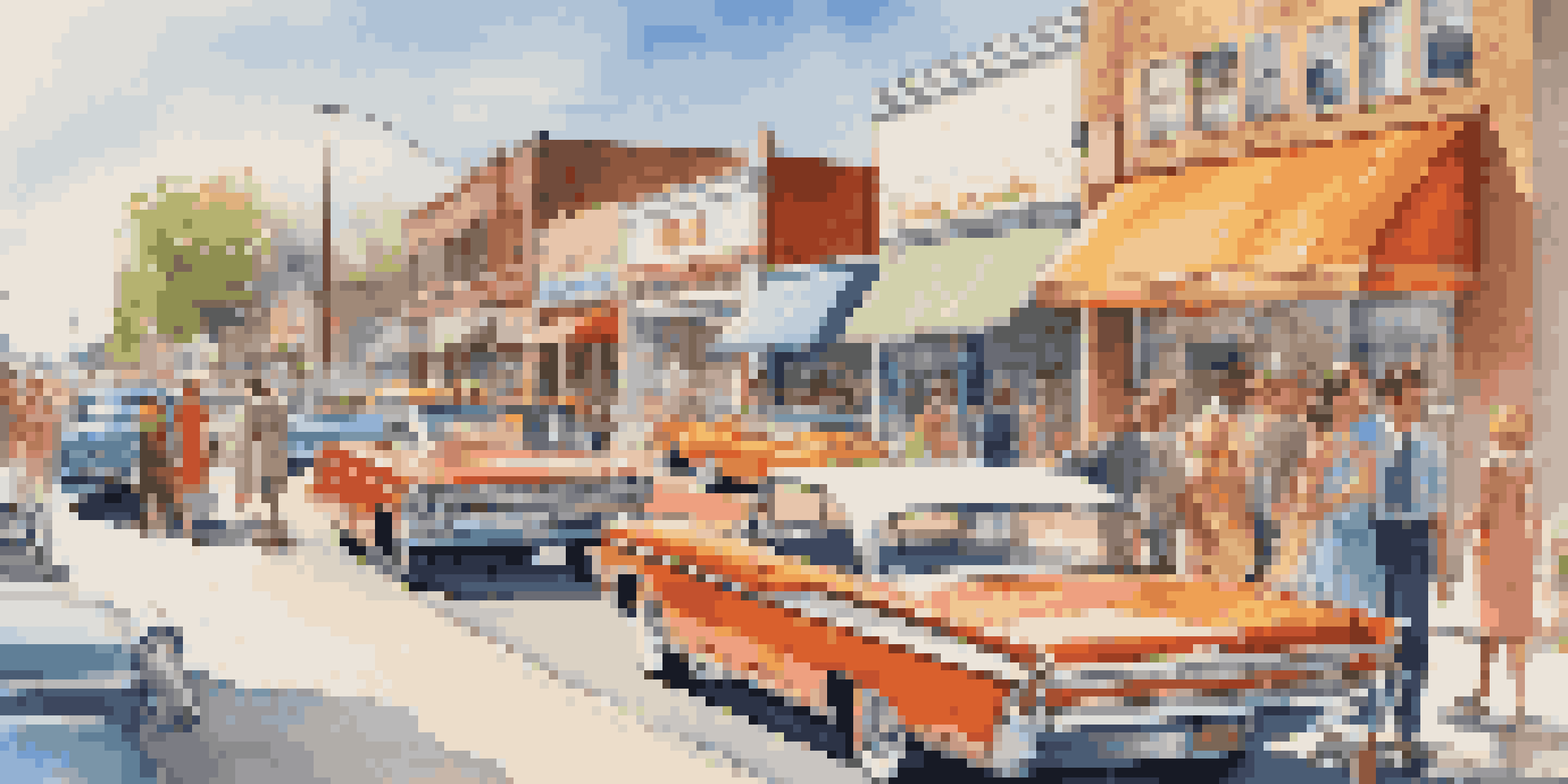 A colorful 1960s street scene with young people in retro fashion, classic cars, and a bright sky.