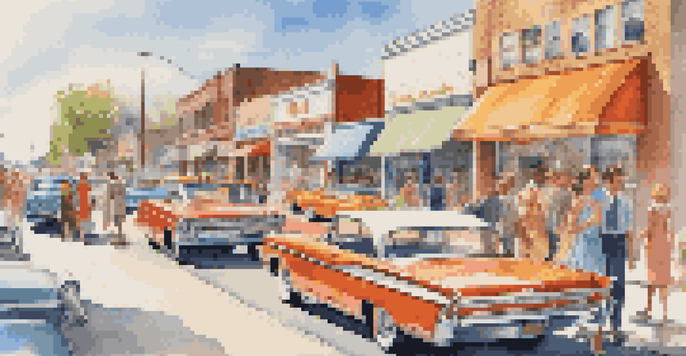 A colorful 1960s street scene with young people in retro fashion, classic cars, and a bright sky.