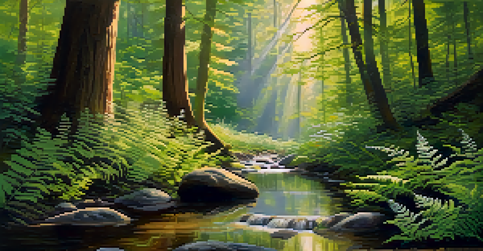 A tranquil forest with tall trees, a flowing stream, and colorful wildflowers, creating a calming atmosphere.