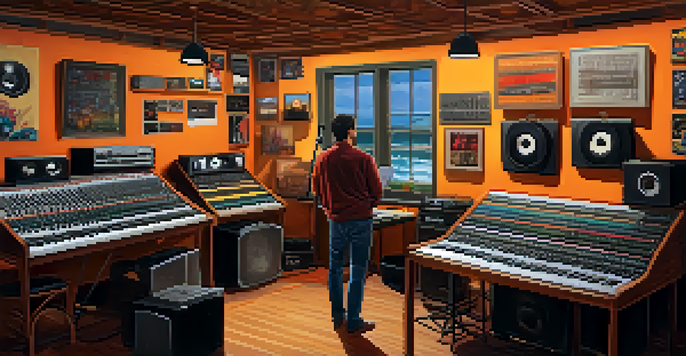 A music supervisor in a colorful studio, surrounded by vinyl records and sound equipment, selecting tracks with focused concentration.