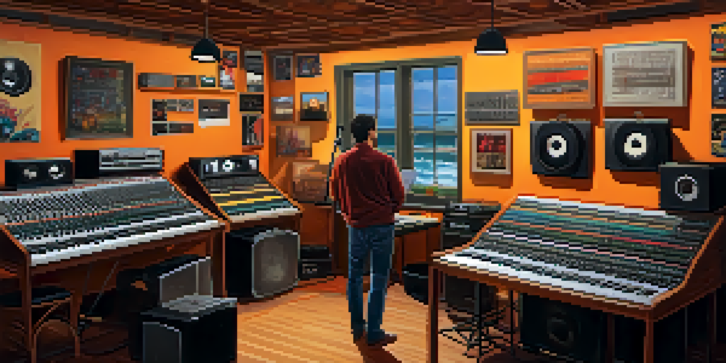 A music supervisor in a colorful studio, surrounded by vinyl records and sound equipment, selecting tracks with focused concentration.