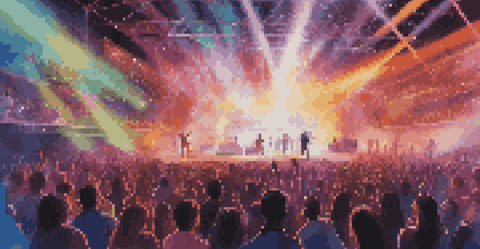 A futuristic concert scene with a large crowd enjoying an immersive audio-visual experience with vibrant lights.