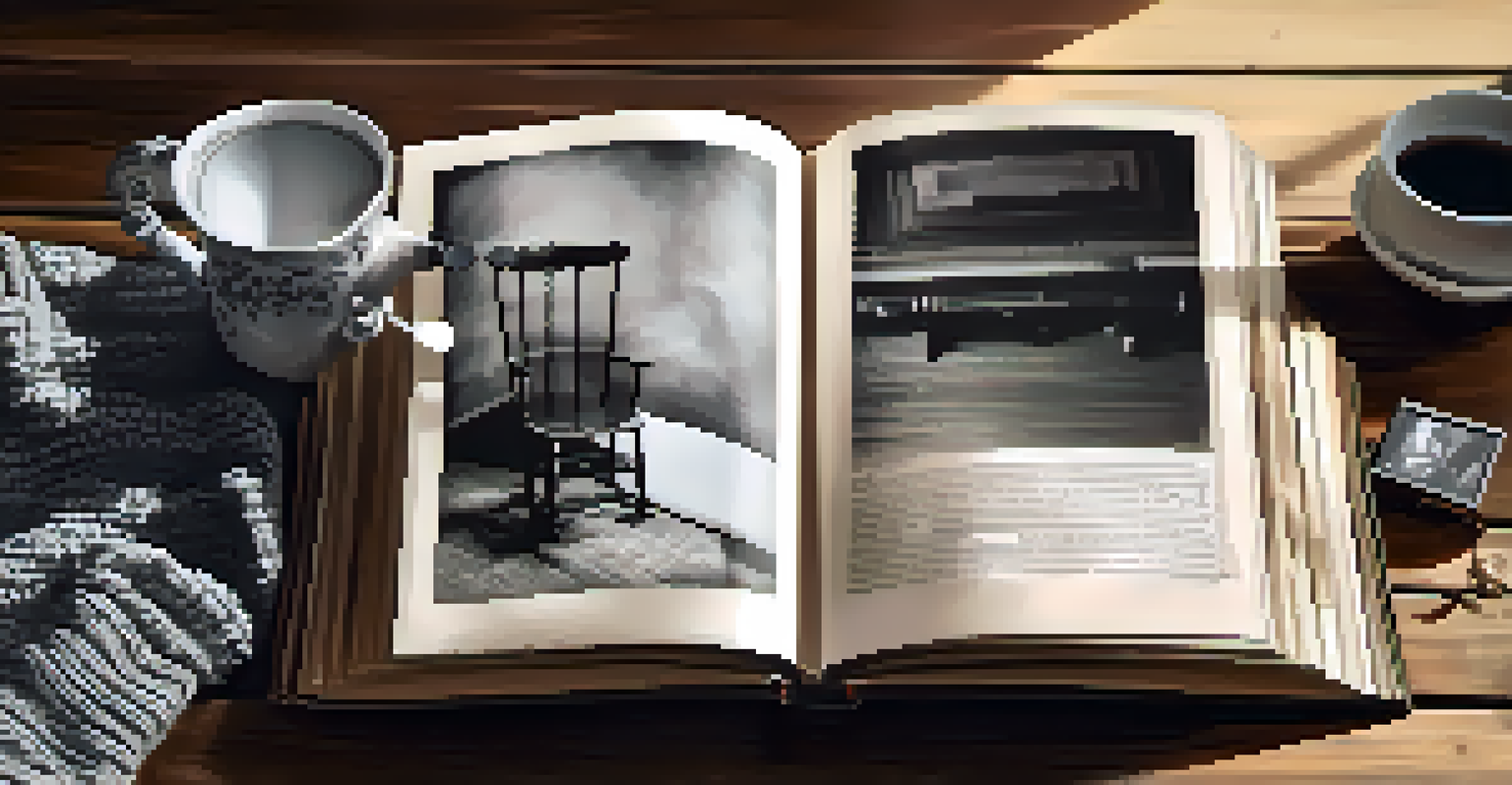 An open photo album with black and white photographs on a wooden table, alongside a cup of tea and a soft blanket, creating a warm, nostalgic scene.