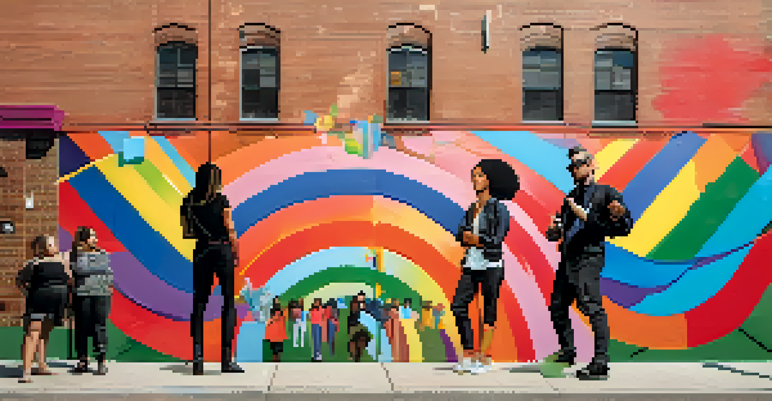 A colorful mural showcasing LGBTQ+ artists expressing gender identity through music, with people admiring it.