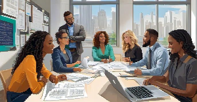 A group of non-profit professionals engaged in a discussion about music rights in a modern office setting.