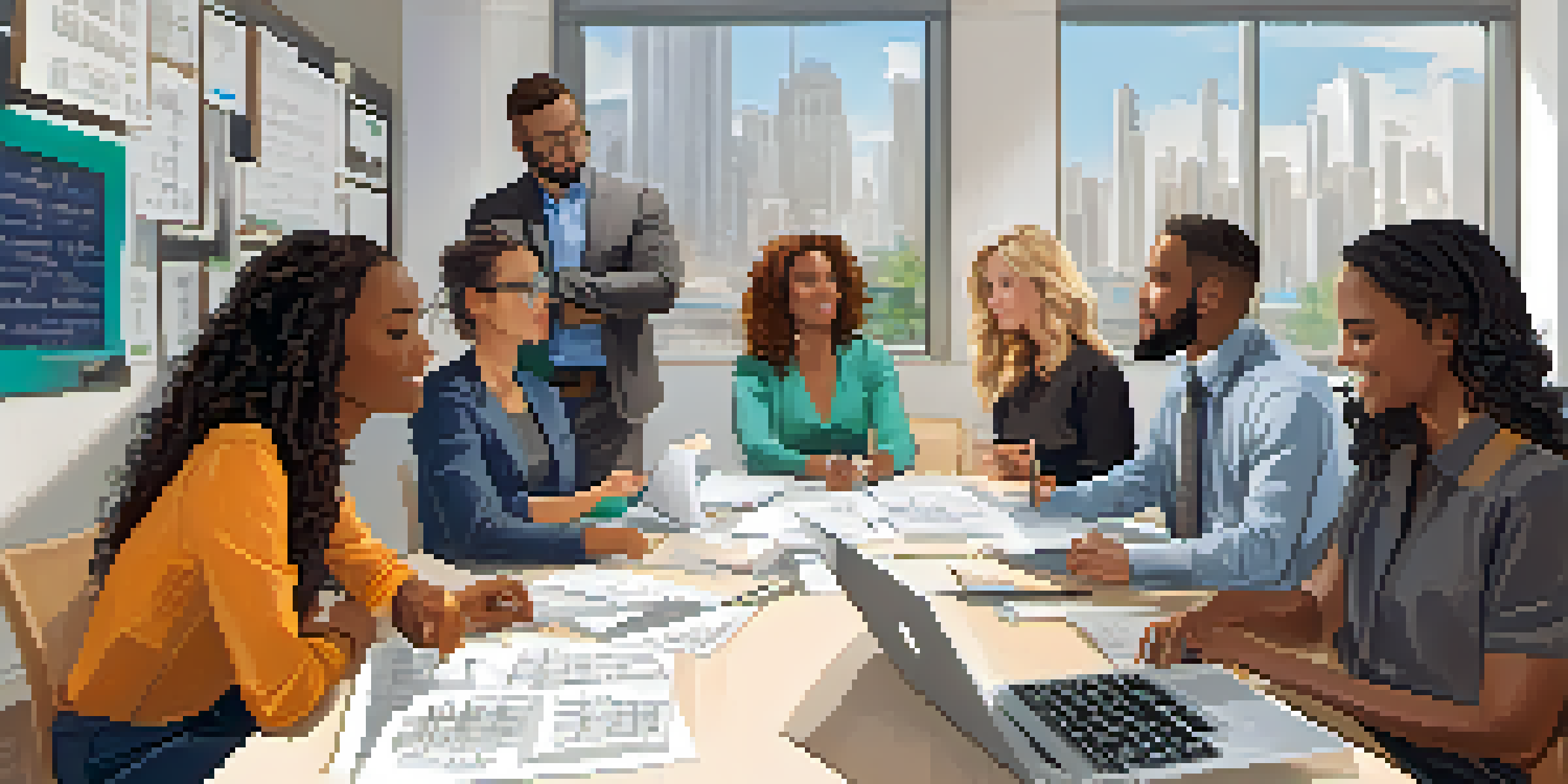 A group of non-profit professionals engaged in a discussion about music rights in a modern office setting.