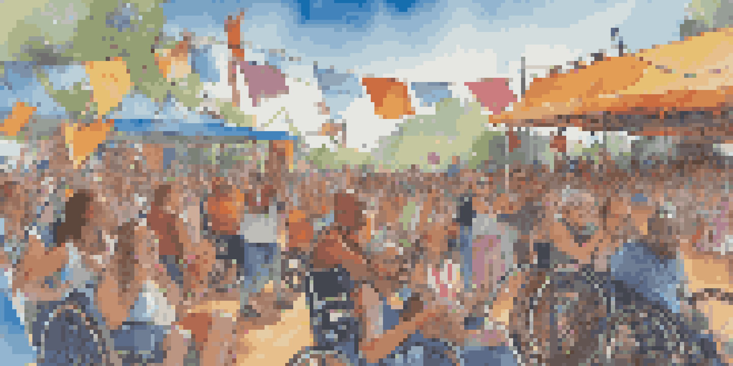 A lively outdoor music festival with a diverse crowd, including individuals in wheelchairs and mobility aids, enjoying a concert together, with colorful decorations and a bright sky.