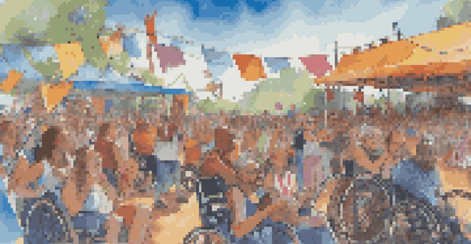 A lively outdoor music festival with a diverse crowd, including individuals in wheelchairs and mobility aids, enjoying a concert together, with colorful decorations and a bright sky.