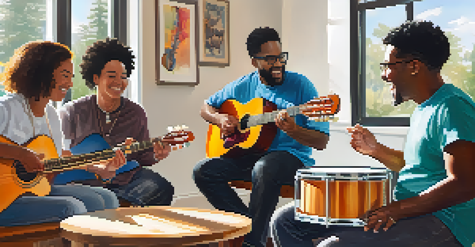 A diverse group of people in a bright room, joyfully participating in a music therapy session with various instruments.