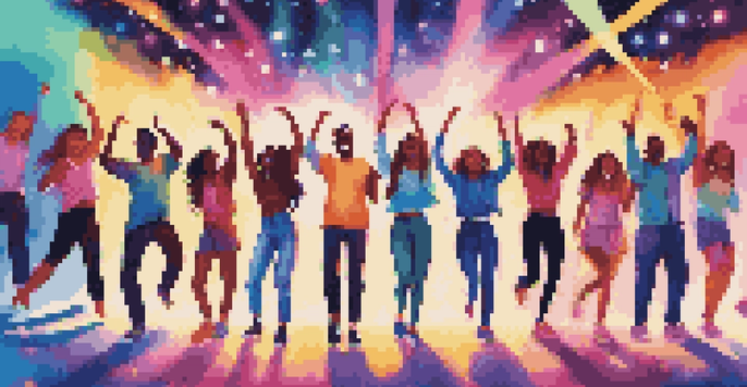 A lively group of diverse fans dancing together in a colorful environment, celebrating music and connection.