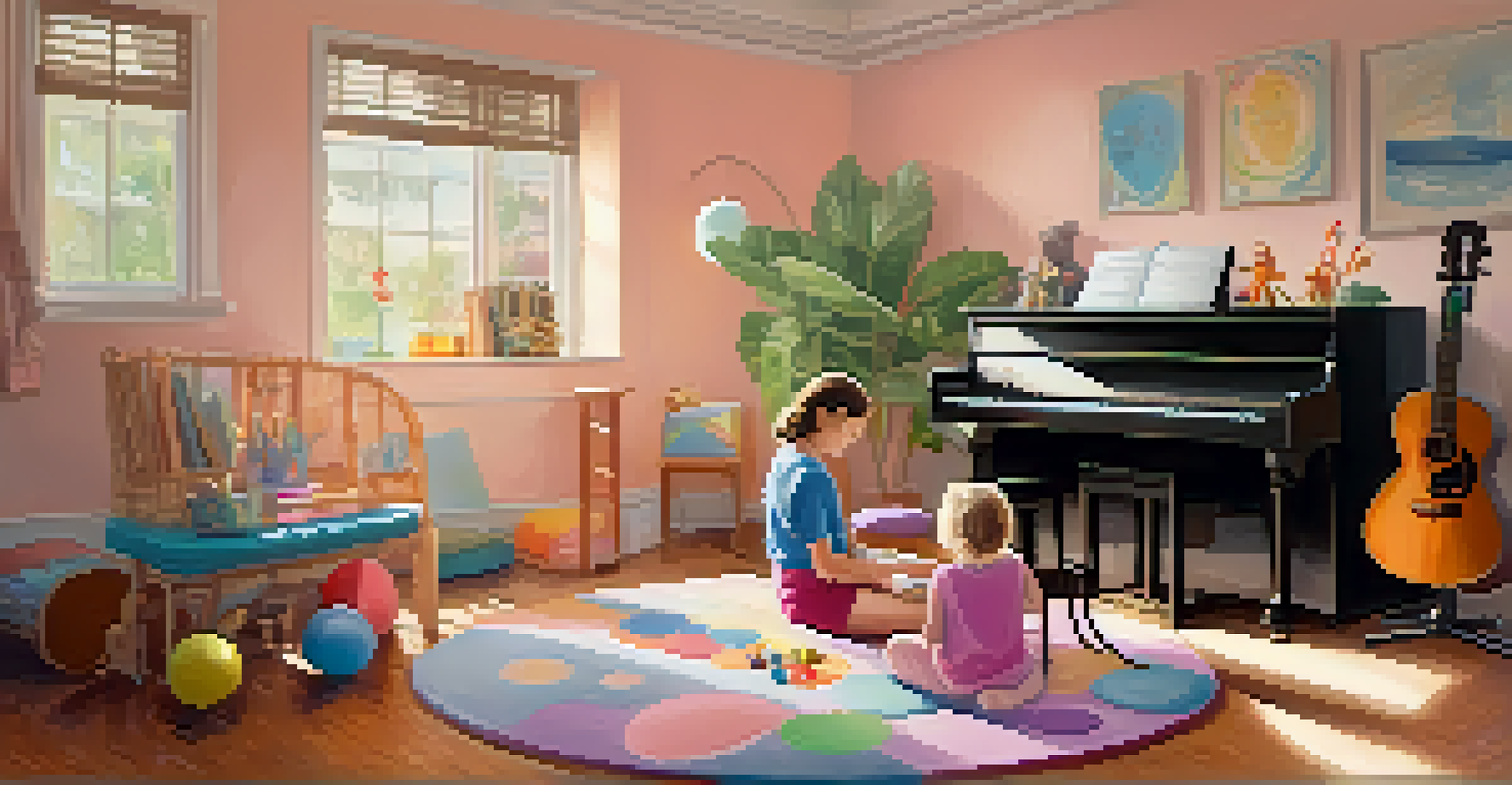 A child sitting on a carpet in a music therapy room, surrounded by instruments, while a therapist guides them in making music.