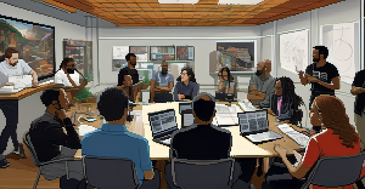 A diverse live sound team in a debriefing session with laptops and notepads, discussing feedback in a sound equipment-filled room.