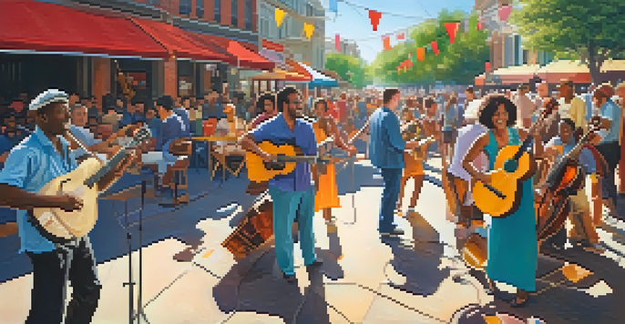 A lively outdoor music festival with diverse musicians performing and an engaged audience enjoying the show.