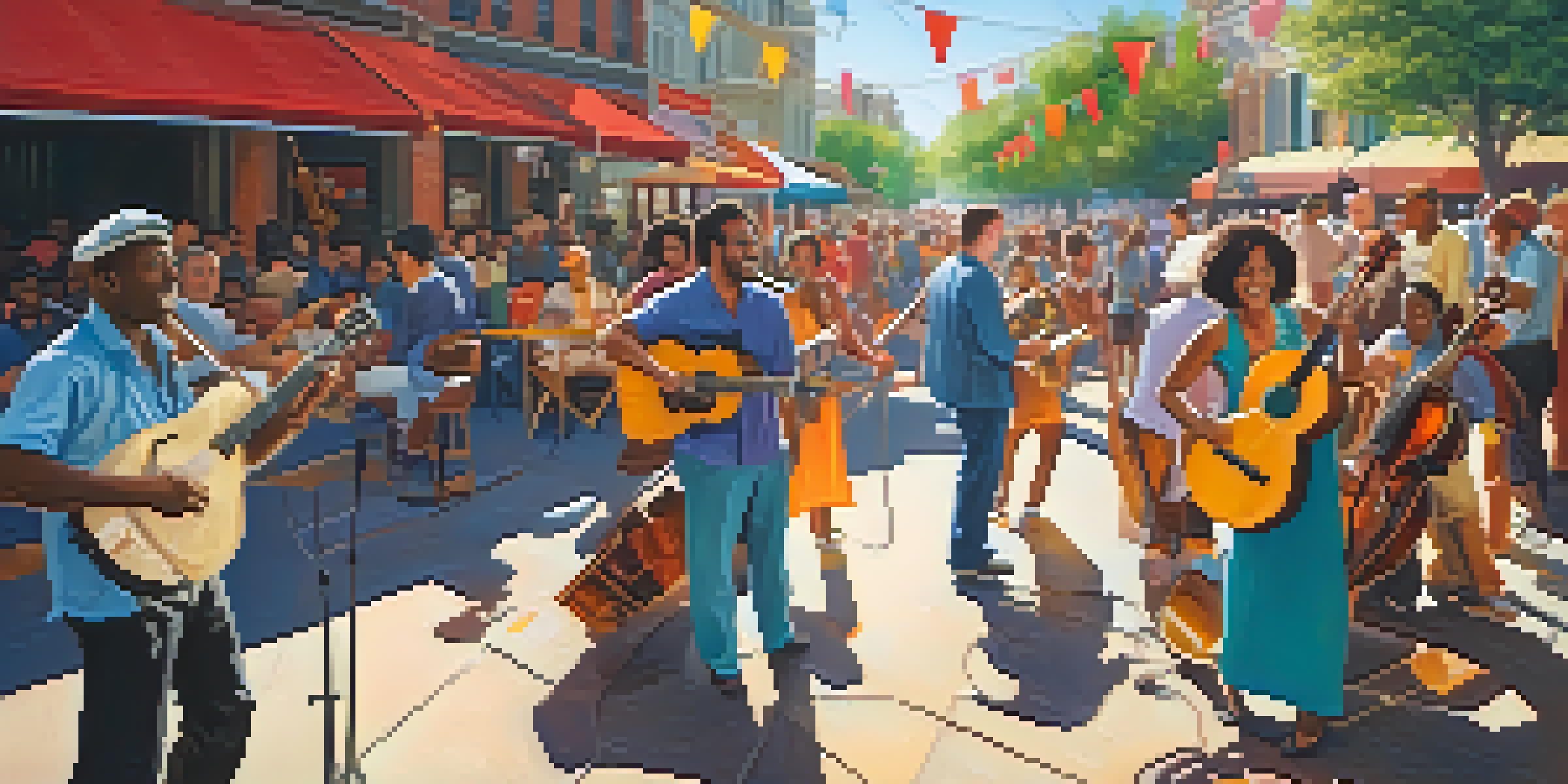 A lively outdoor music festival with diverse musicians performing and an engaged audience enjoying the show.