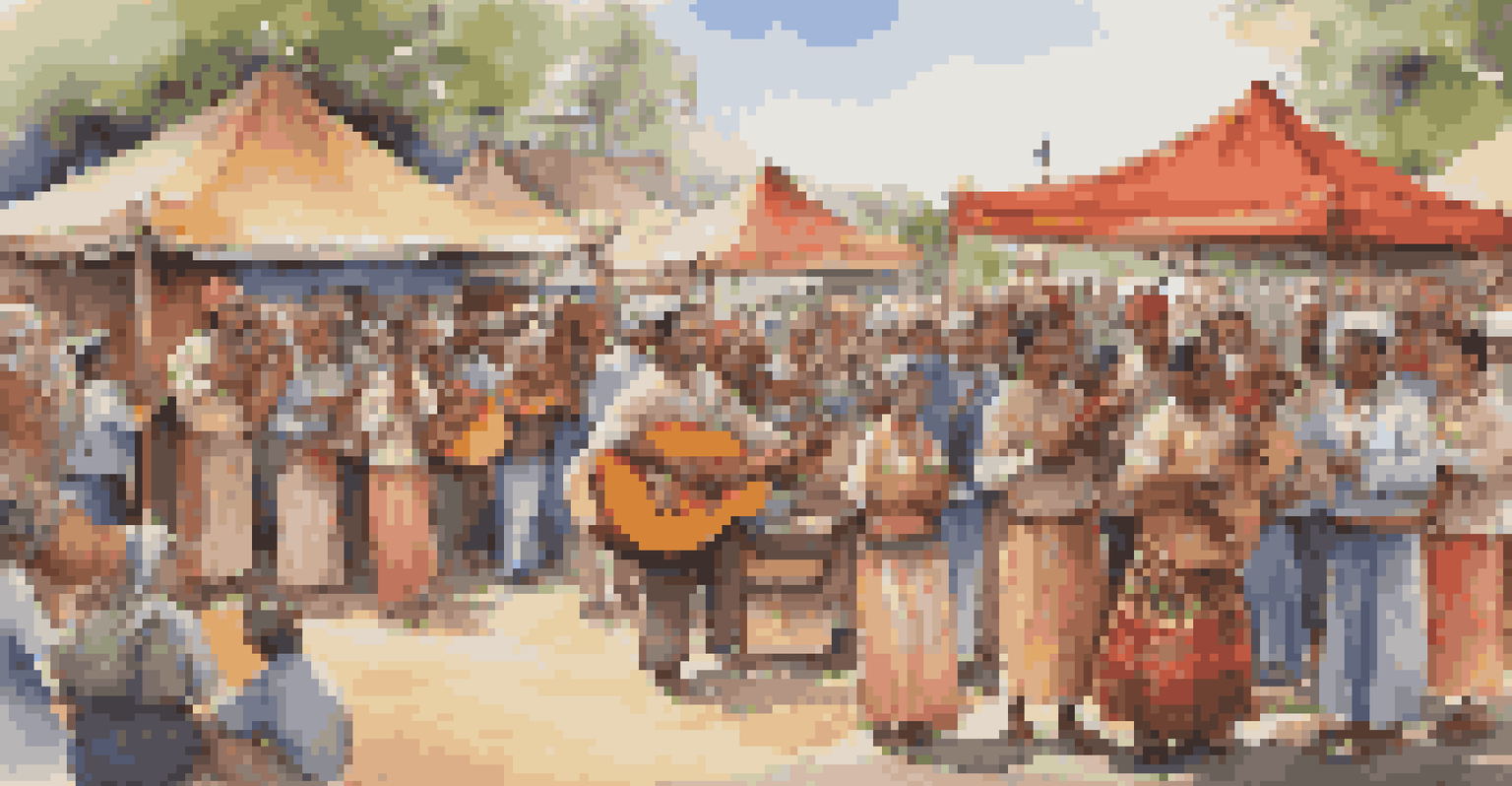 A vibrant cultural festival with musicians in traditional attire, colorful decorations, and attendees engaging in discussions about the cultural significance of the music.