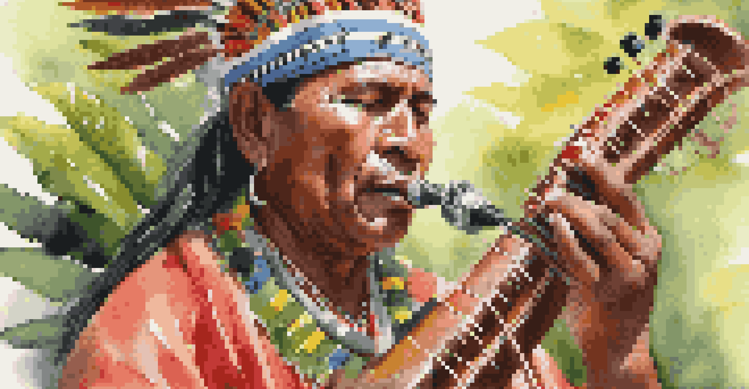 An Indigenous musician performing with a handcrafted instrument in traditional attire, surrounded by nature.