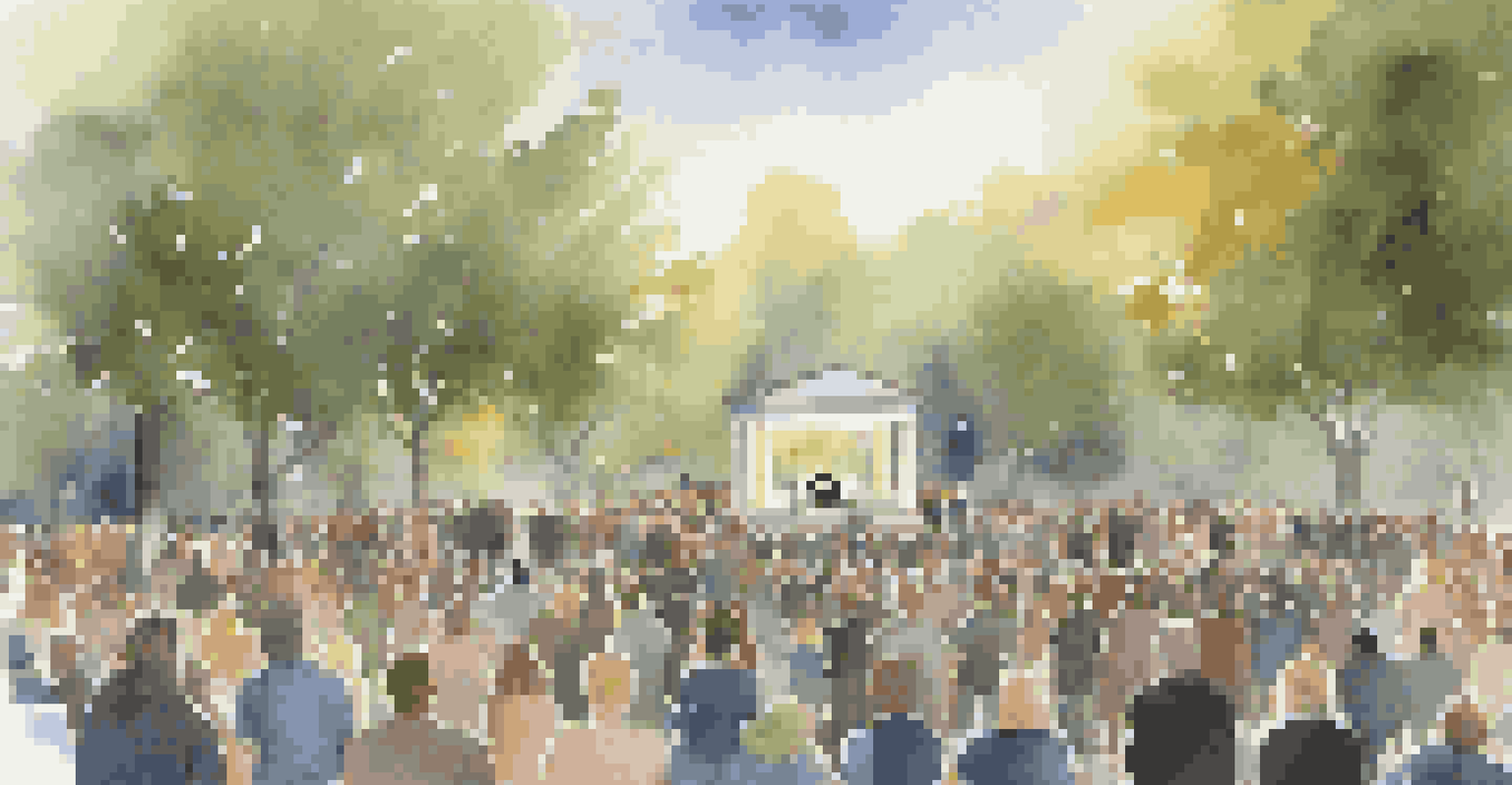 A community memorial event in a park with people gathered around a stage, holding candles and listening to musicians perform.