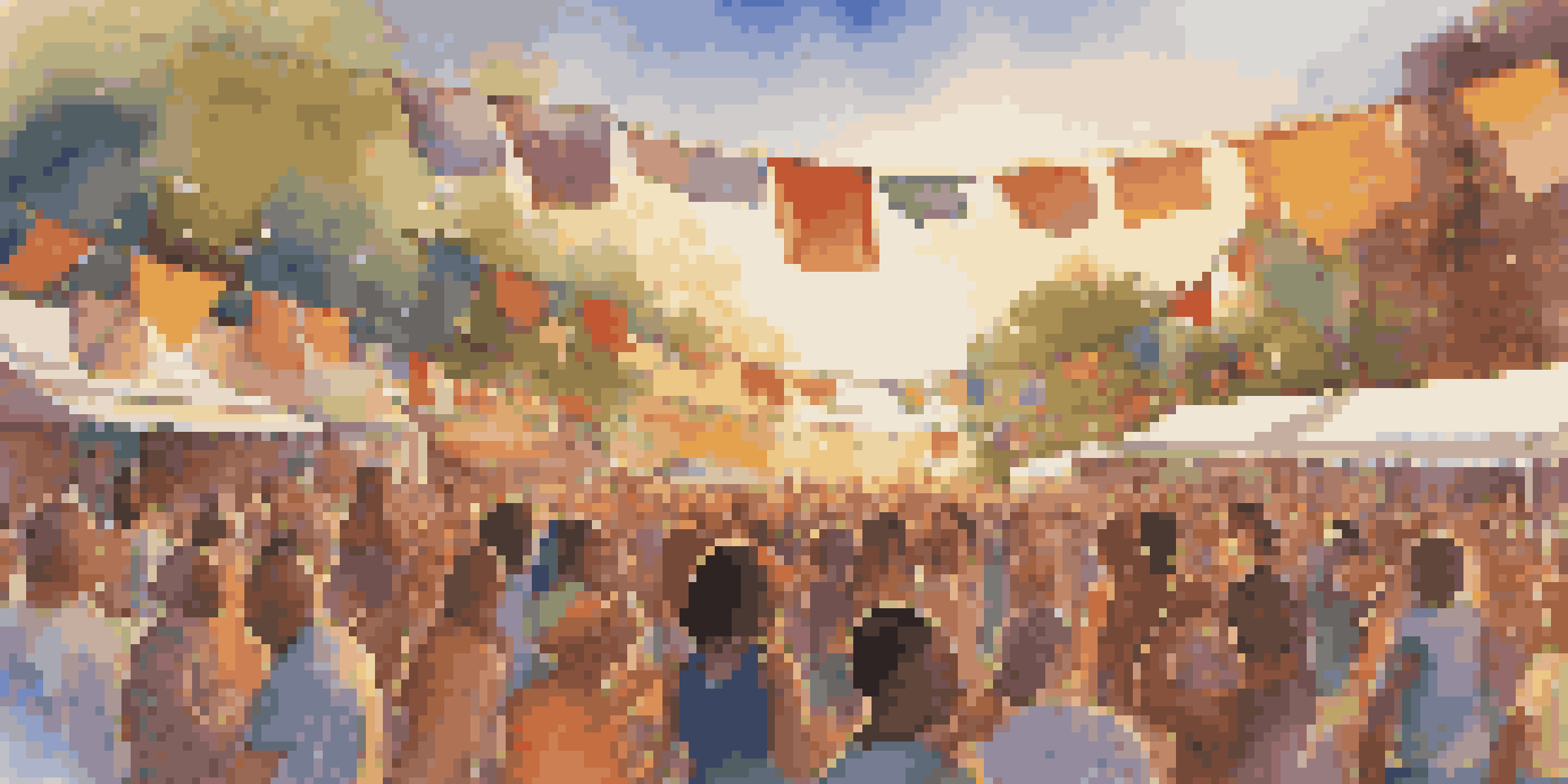 A lively outdoor music festival with people dancing and musicians performing under colorful decorations.