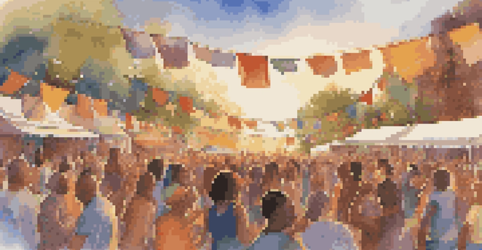 A lively outdoor music festival with people dancing and musicians performing under colorful decorations.