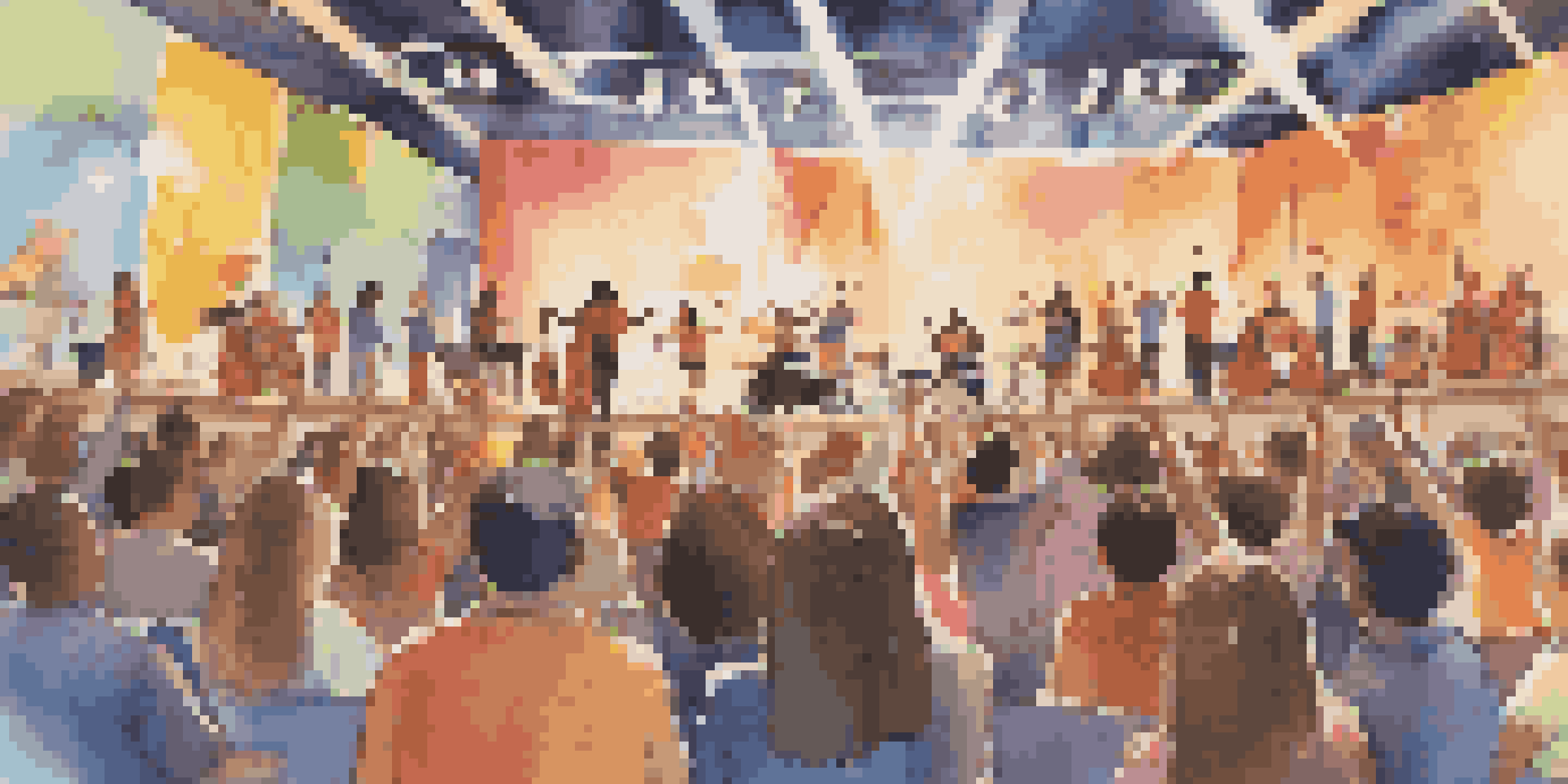 A lively school music event with students from various backgrounds performing on stage, surrounded by colorful decorations and an engaged audience.