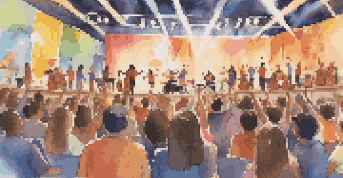 A lively school music event with students from various backgrounds performing on stage, surrounded by colorful decorations and an engaged audience.