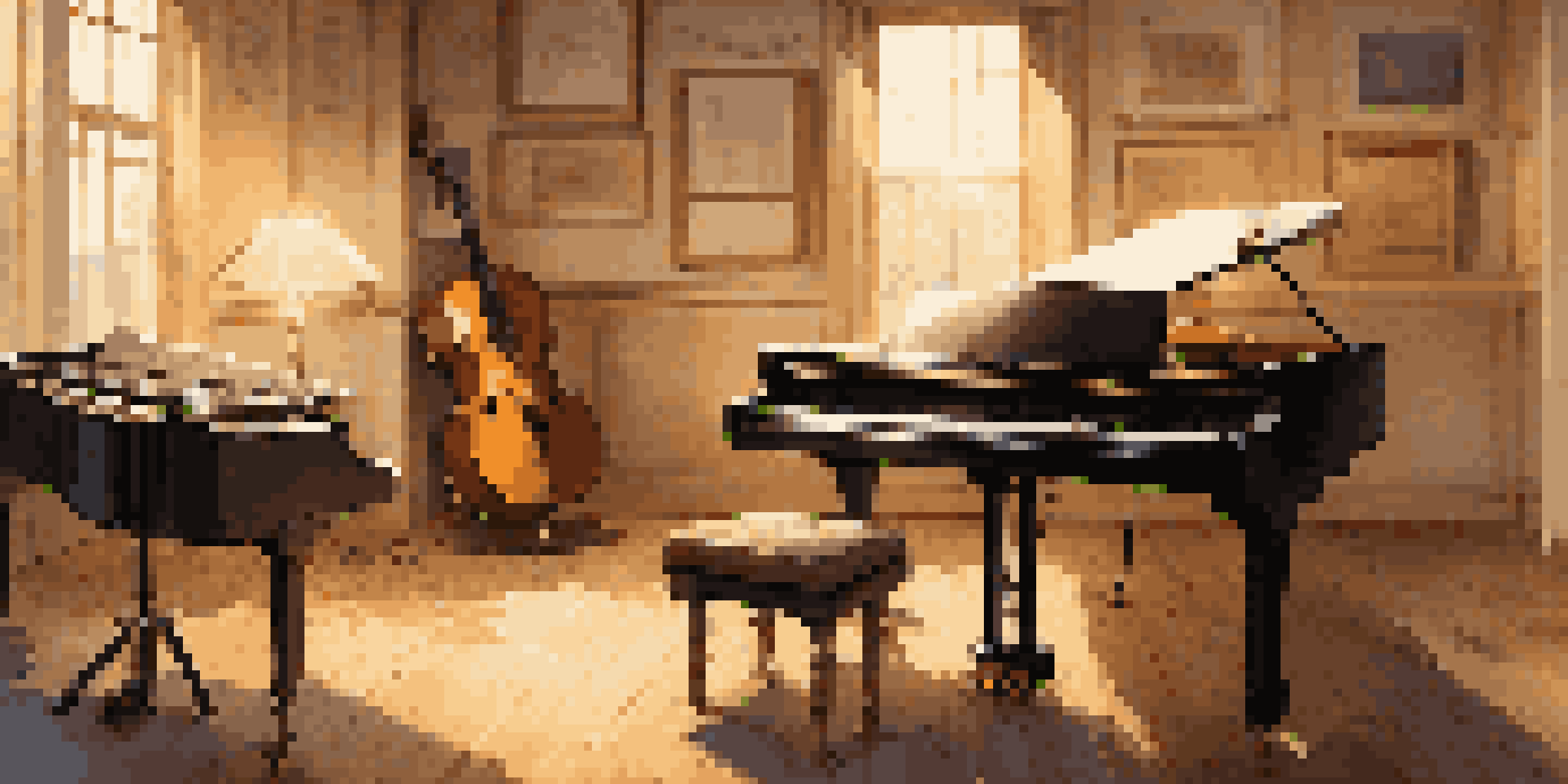 A film scoring studio with vintage instruments and digital audio software, illuminated by soft golden light.