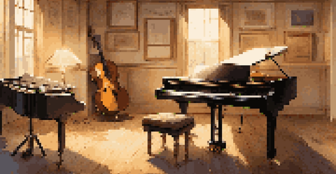 A film scoring studio with vintage instruments and digital audio software, illuminated by soft golden light.