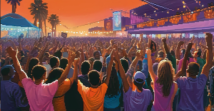 A lively concert with a diverse audience singing together, surrounded by colorful lights and banners promoting social justice.