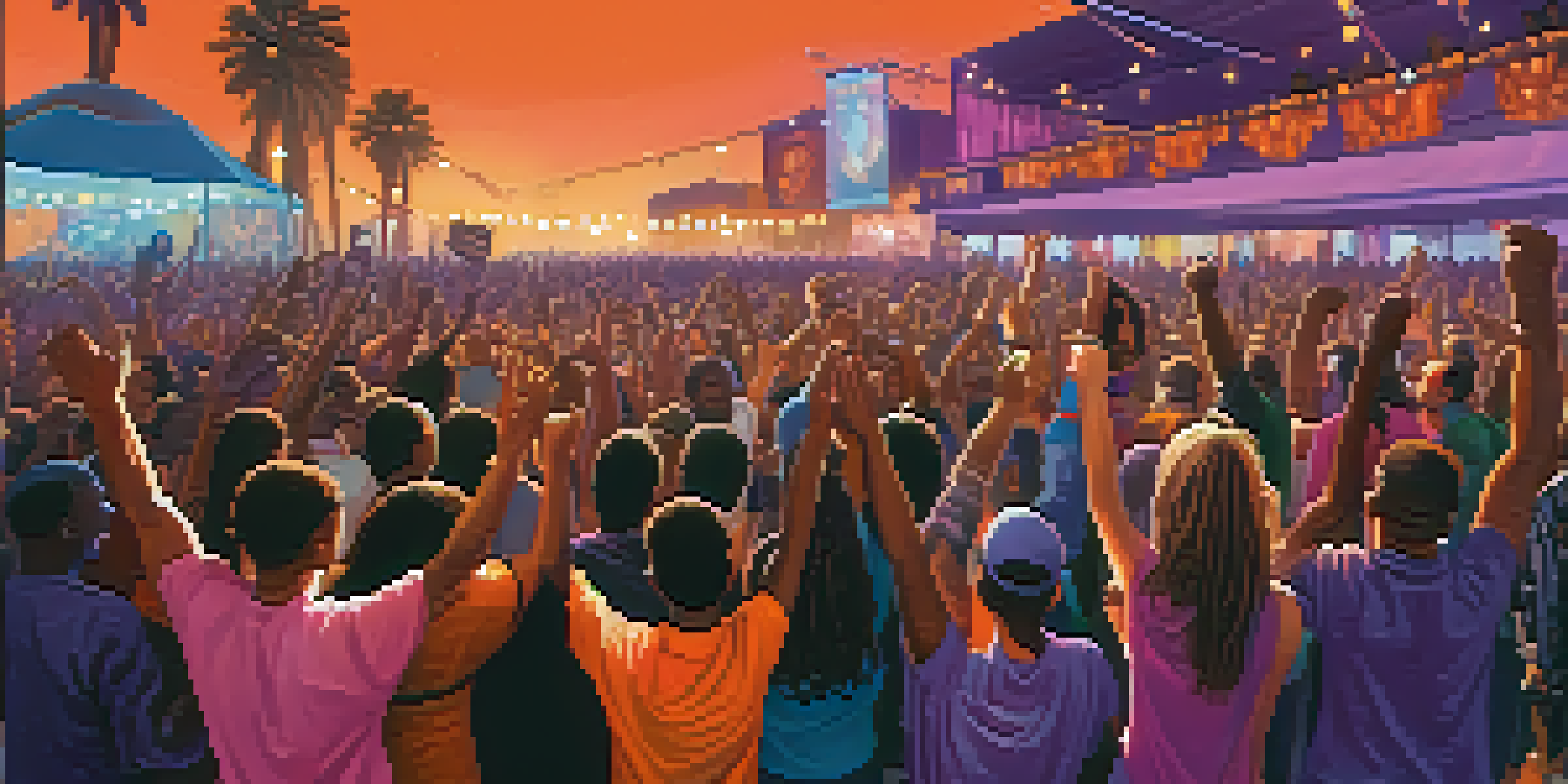 A lively concert with a diverse audience singing together, surrounded by colorful lights and banners promoting social justice.