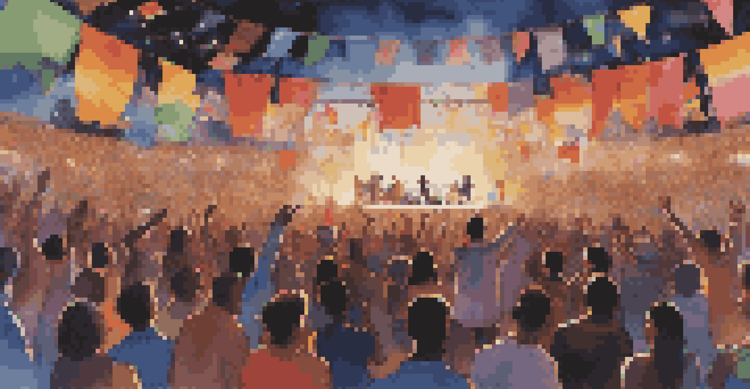 A vibrant global music festival with diverse artists on stage and an enthusiastic audience, illuminated by colorful lights.