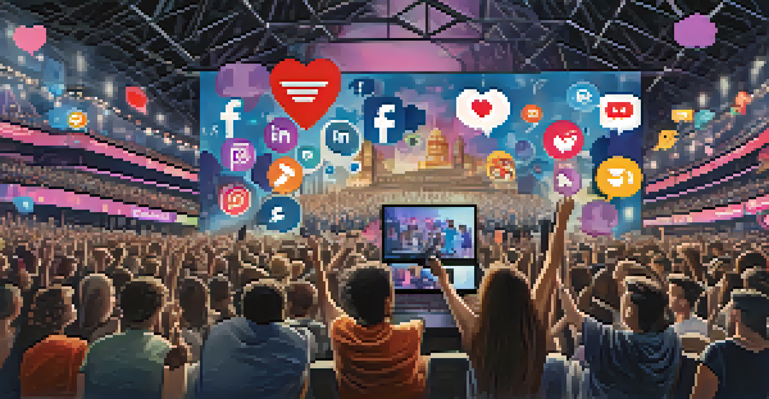 A colorful collage showing social media icons and live streaming elements, set against a blurred concert background, representing the connection between artists and fans.
